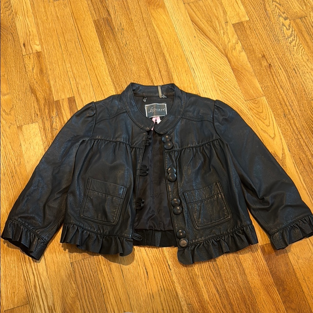 Lipsy Black Leather Jacket with Ruffle Trim Kids Size 10